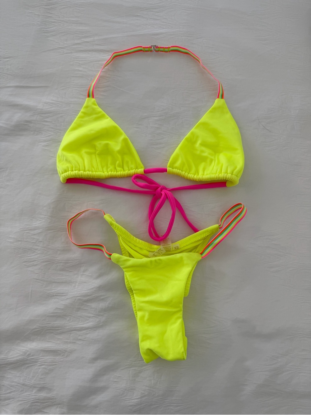 Neon Yellow Triangle Bikini with Pink Accents